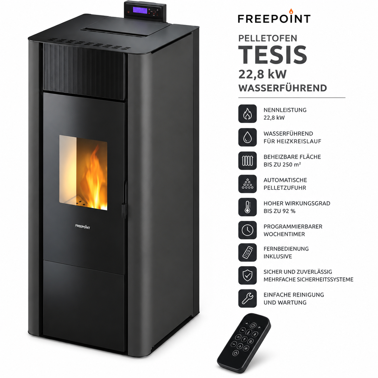 Freepoint Pelletofen Tesis Stahl Anthrazit 22,8 kW wasserführend