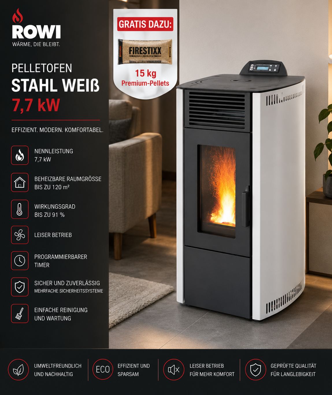 Rowi Pelletofen Stahl Weiß 7,7 kW