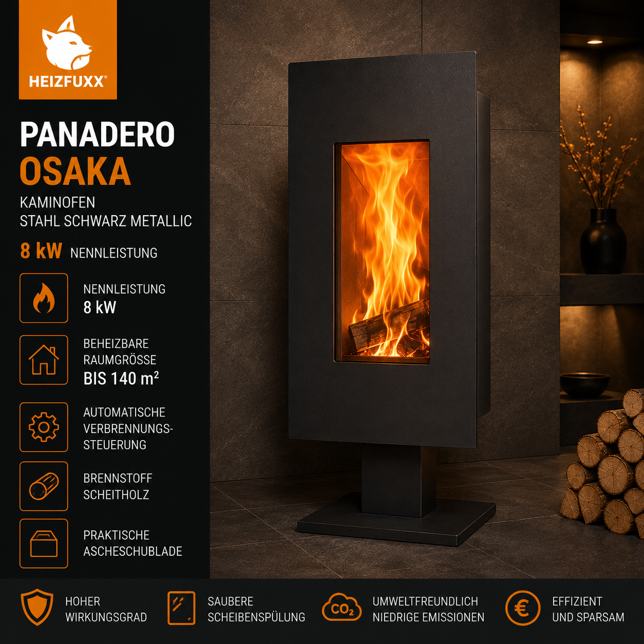 Panadero Osaka Kaminofen Stahl Schwarz Metallic 8 kW
