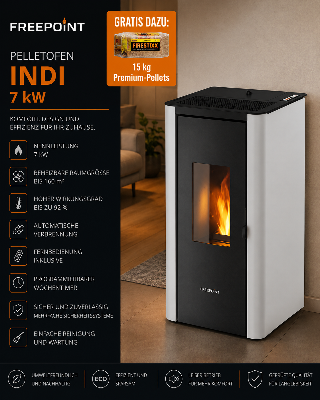 Freepoint Pelletofen Indi Stahl Weiß 7 kW mit Automatik