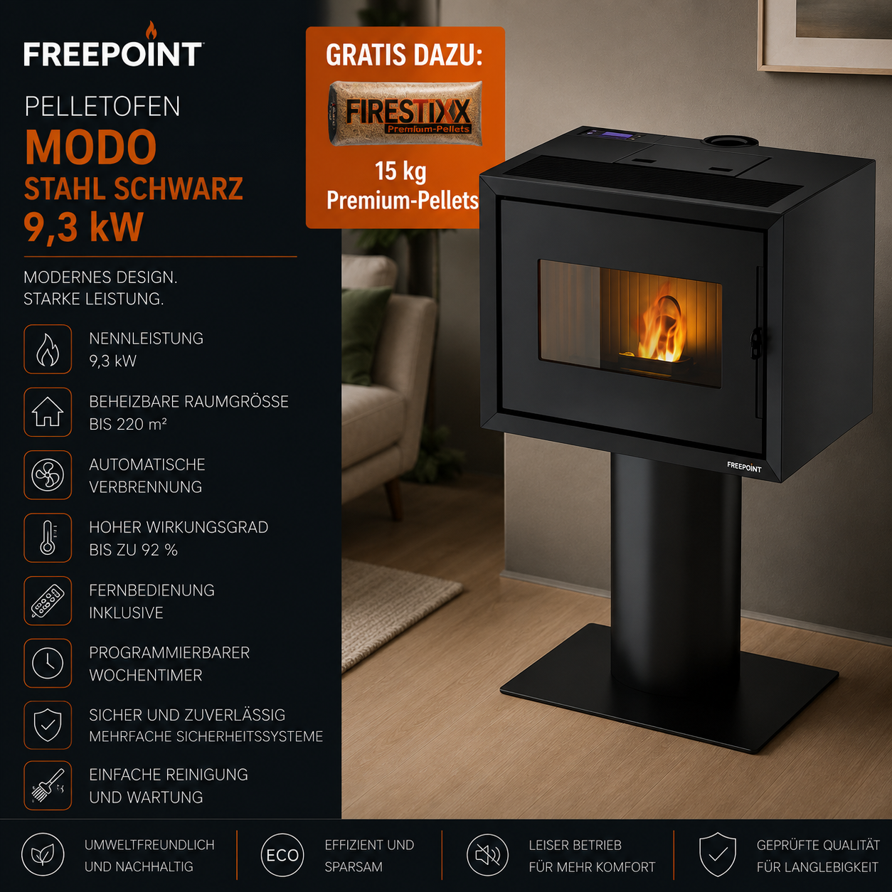 Freepoint Pelletofen Modo Stahl Schwarz 9,3 kW