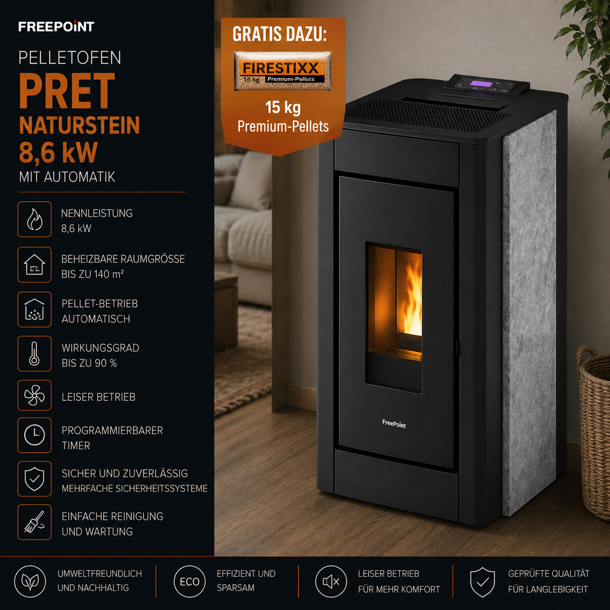Freepoint Pelletofen Pret Naturstein 8,6 kW mit Automatik