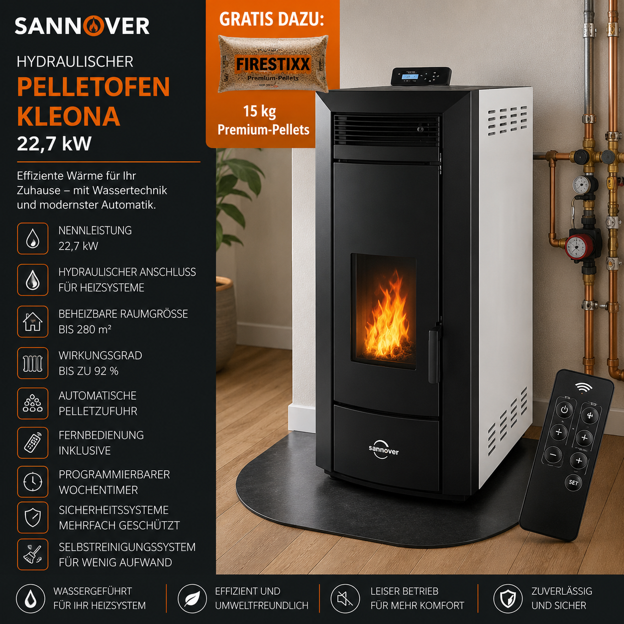 Sannover Hydraulischer Pelletofen Kleona 22,7 kW Weiß