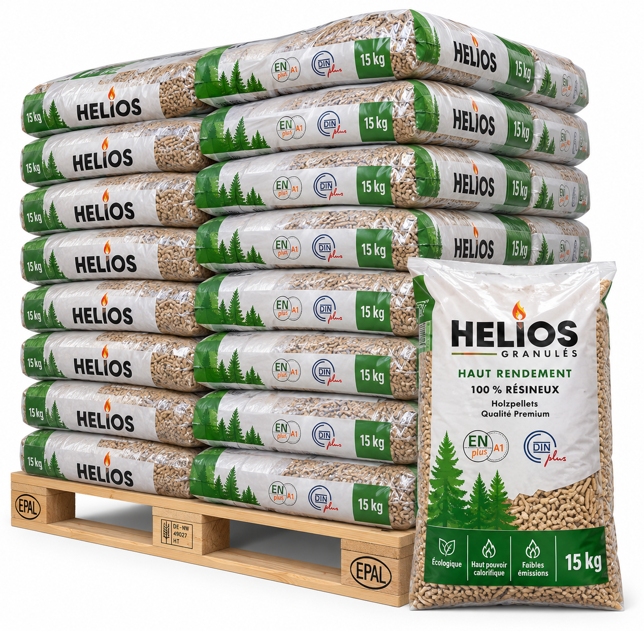 Helios Holzpellets – 65 × 15 kg Palette – 100 % Nadelholz, ENplus A1 & DINplus