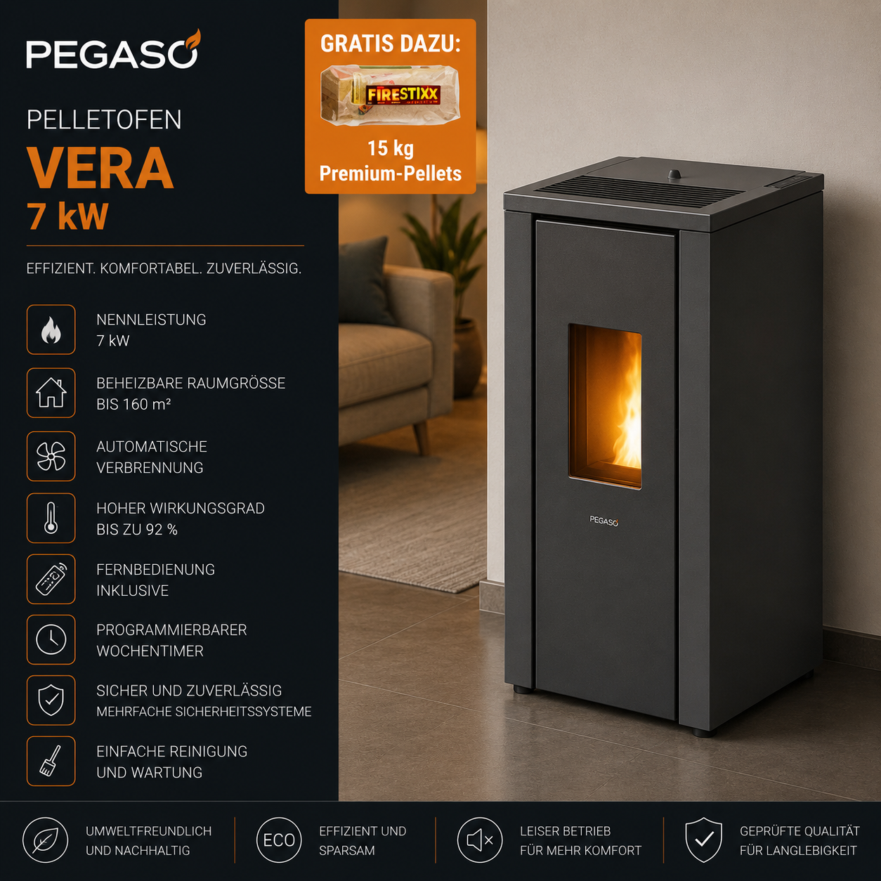 PEGASO Pelletofen Vera Stahl Anthrazit 7 kW mit Automatik