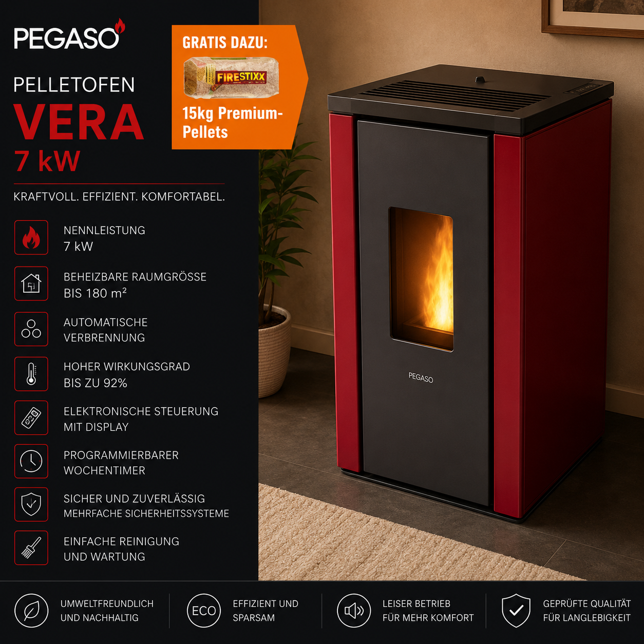 PEGASO Pelletofen Vera Stahl Bordeaux 7 kW mit Automatik
