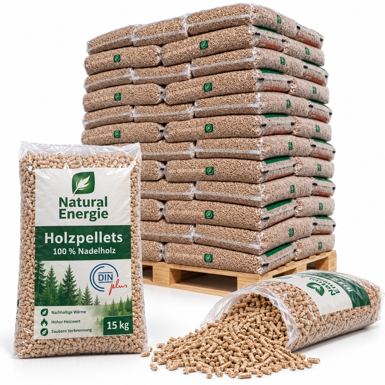 Natural Energie Holzpellets – 70 × 15 kg Palette – 100 % Nadelholz, DINplus