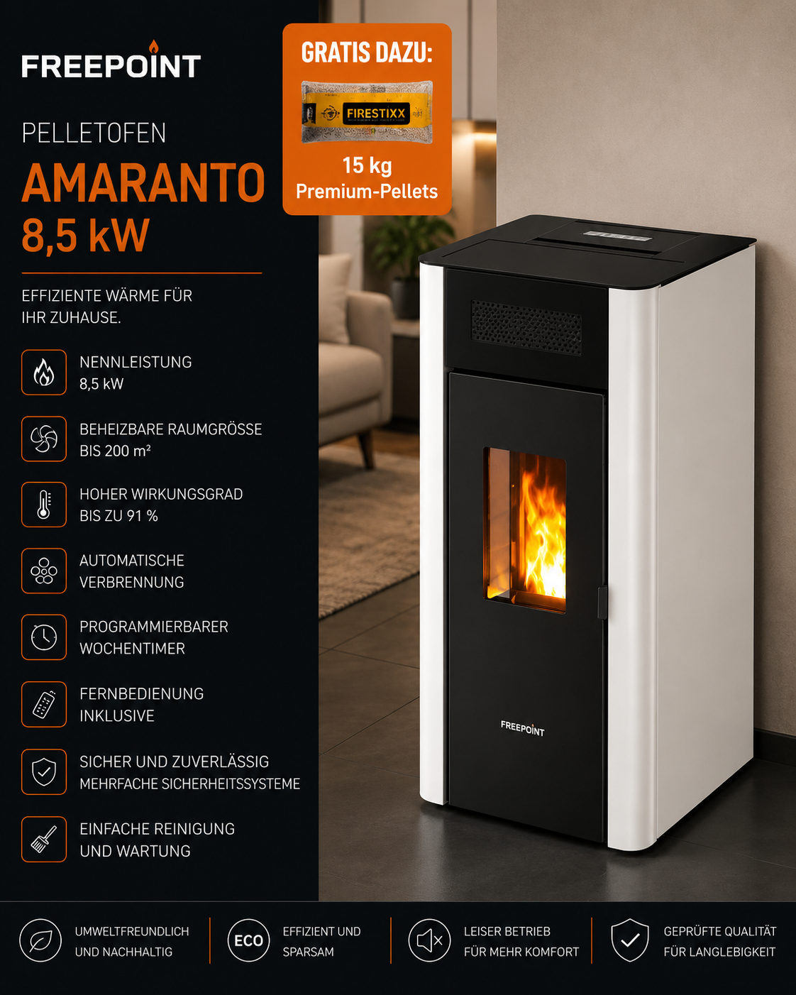 Freepoint Pelletofen Amaranto Stahl Weiß 8,5 kW
