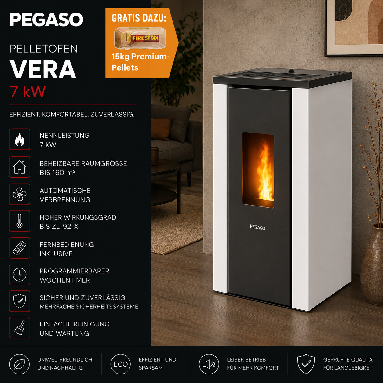 PEGASO Pelletofen Vera Stahl Weiß 7 kW mit Automatik