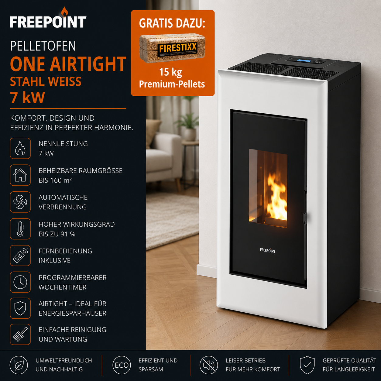 Freepoint Pelletofen One Airtight Stahl Weiß 7 kW