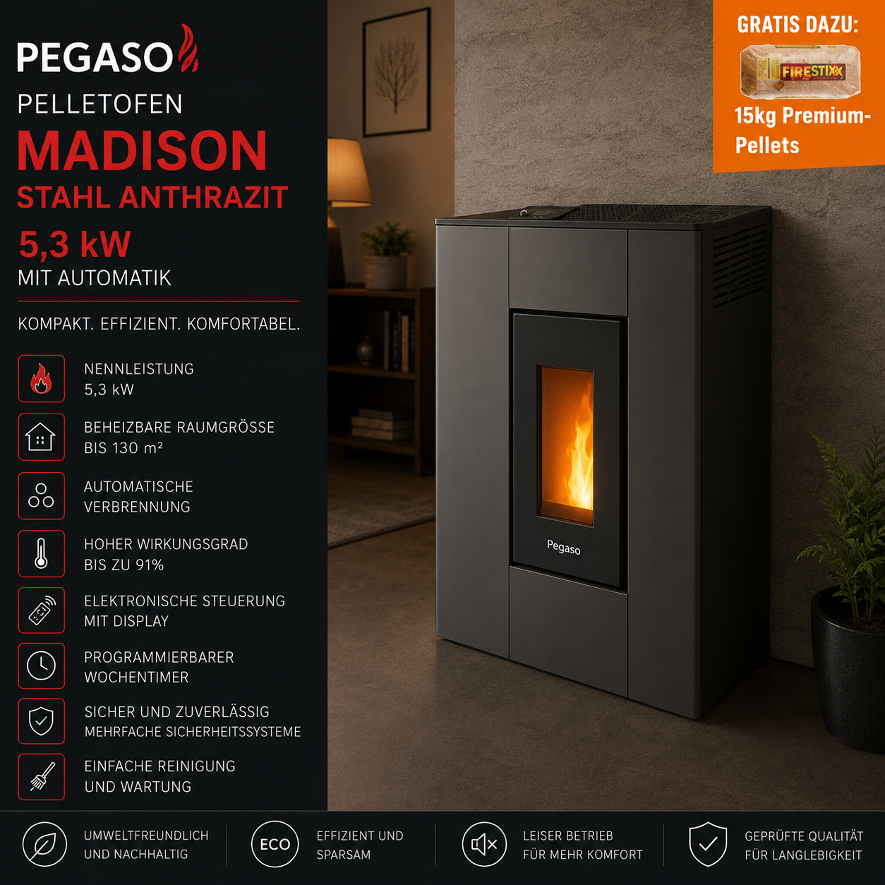 PEGASO Pelletofen Madison Stahl Anthrazit 5,3 kW mit Automatik