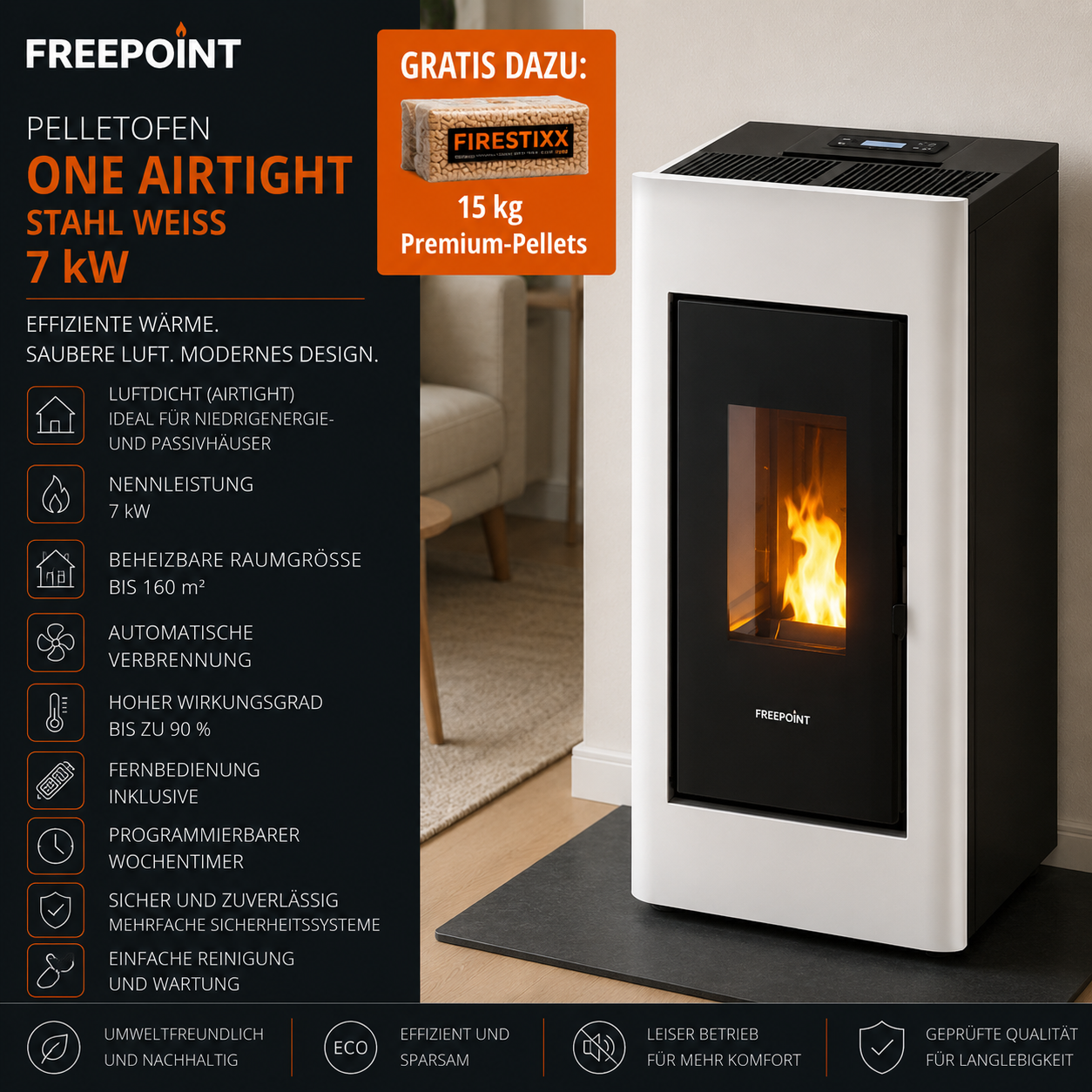 Freepoint Pelletofen One Airtight Stahl Weiß 7 kW