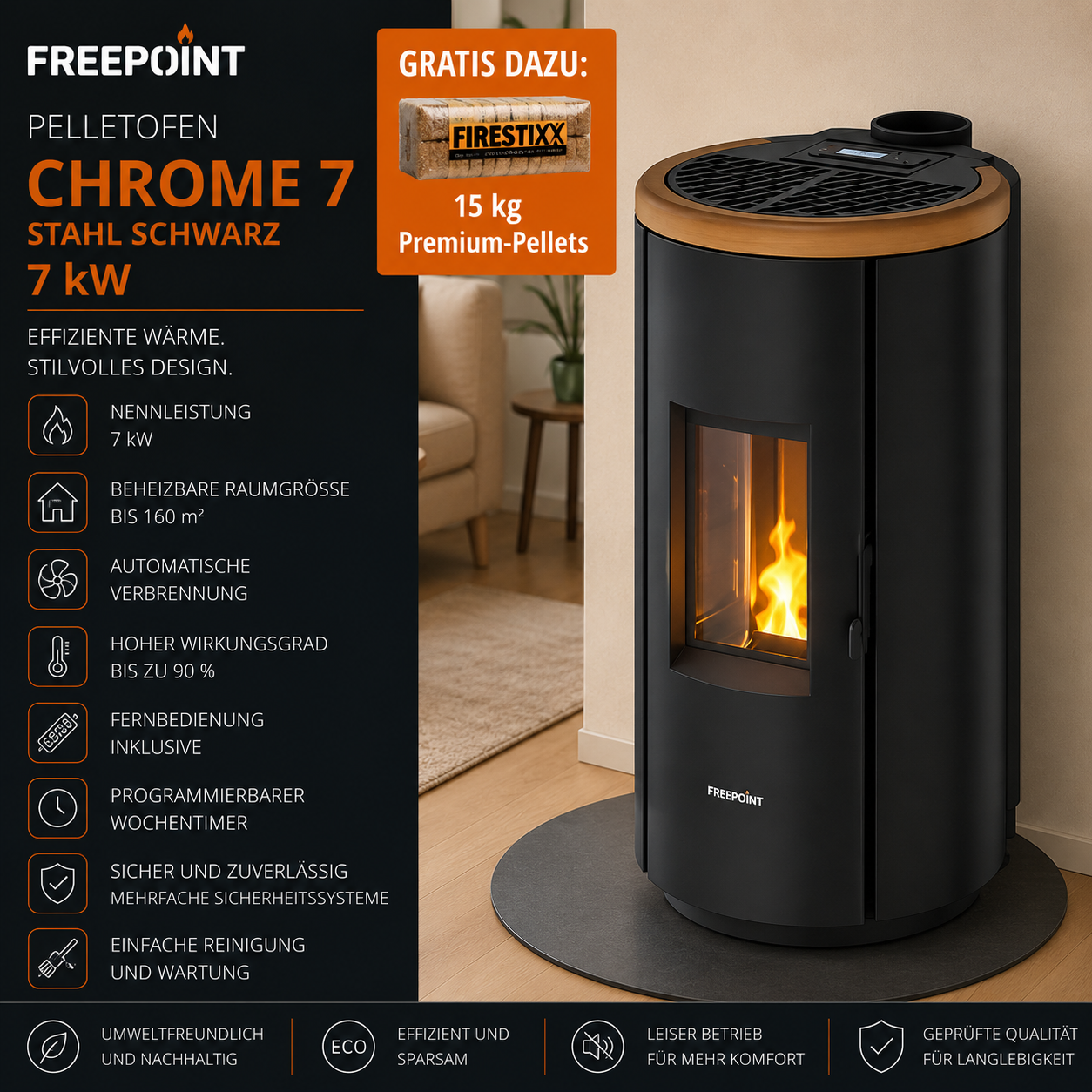 Freepoint Pelletofen Chrome 7 Stahl Schwarz 7 kW