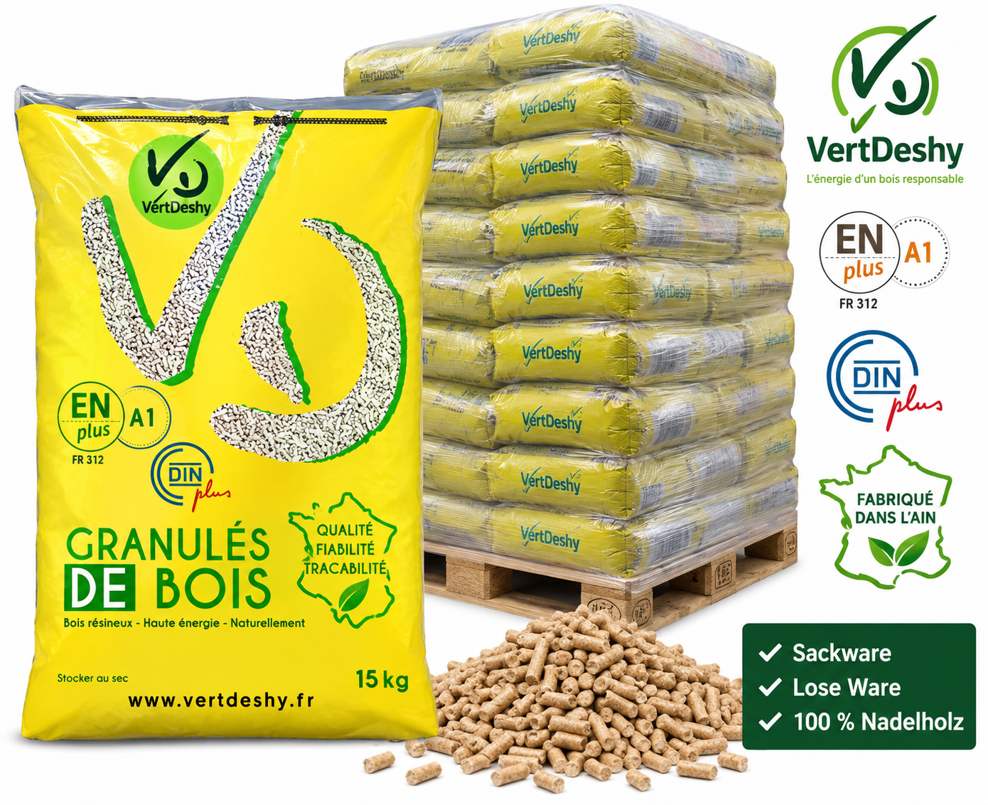 VERTDESHY Holzpellets – Sack oder lose Ware – 100 % Nadelholz, ENplus A1 & DINplus