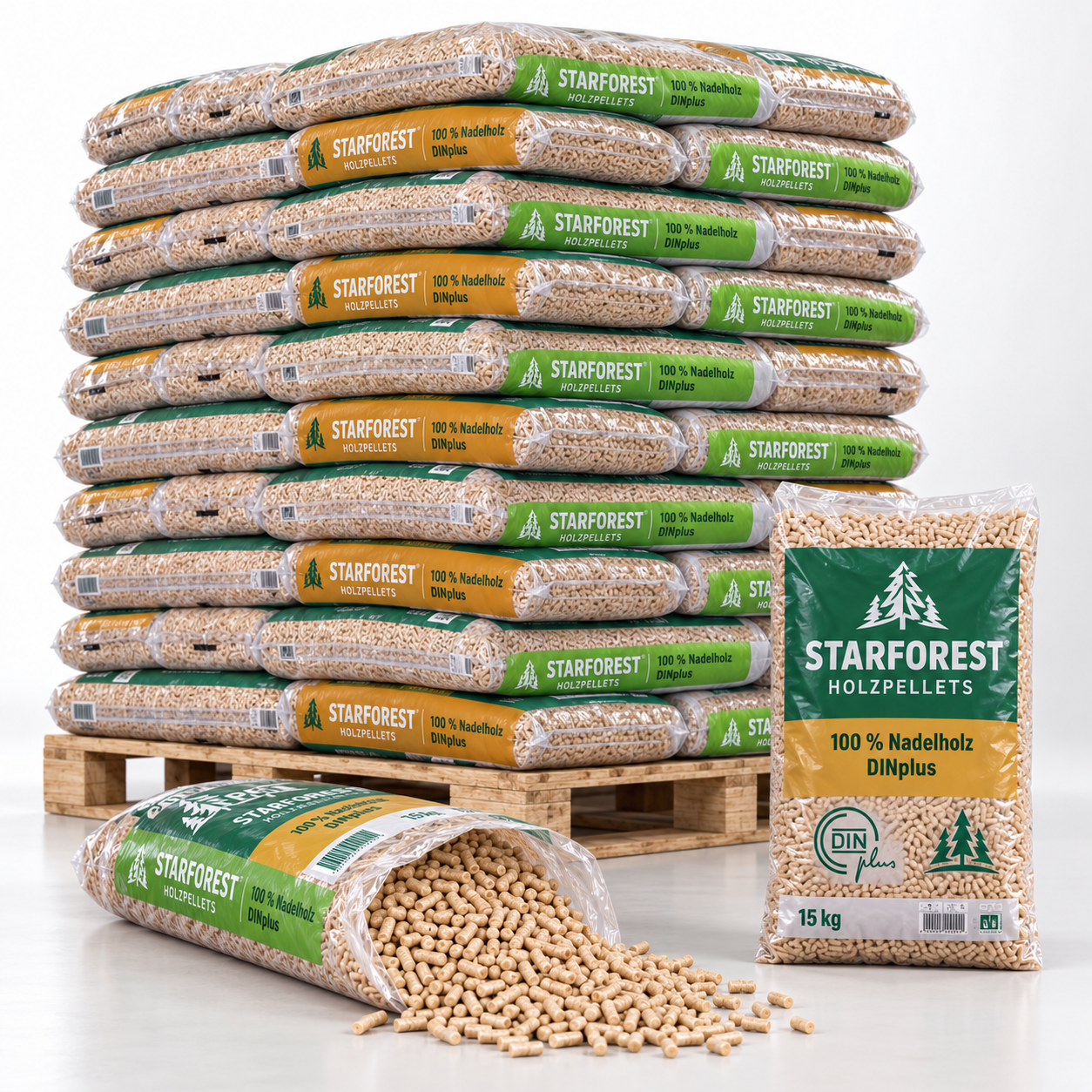 Starforest Holzpellets – 70 × 15 kg Palette (1.050 kg) – 100 % Nadelholz, DINplus