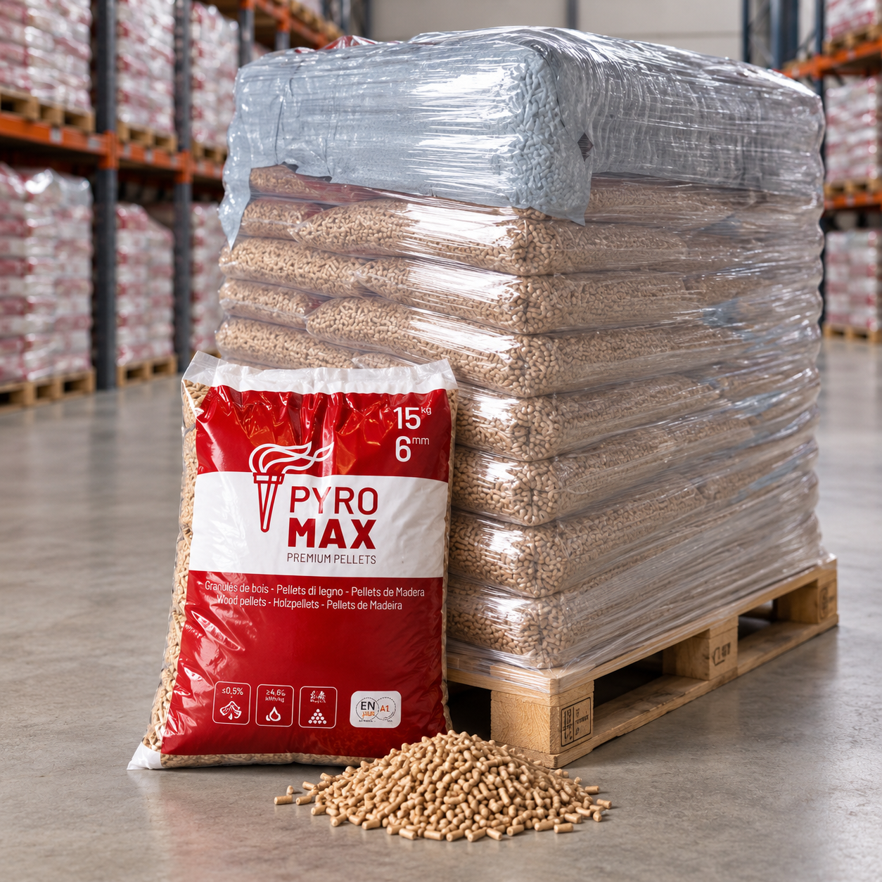 PYRO MAX Holzpellets – 78 × 15 kg Palette (1.170 kg) – 100 % Nadelholz, ENplus A1
