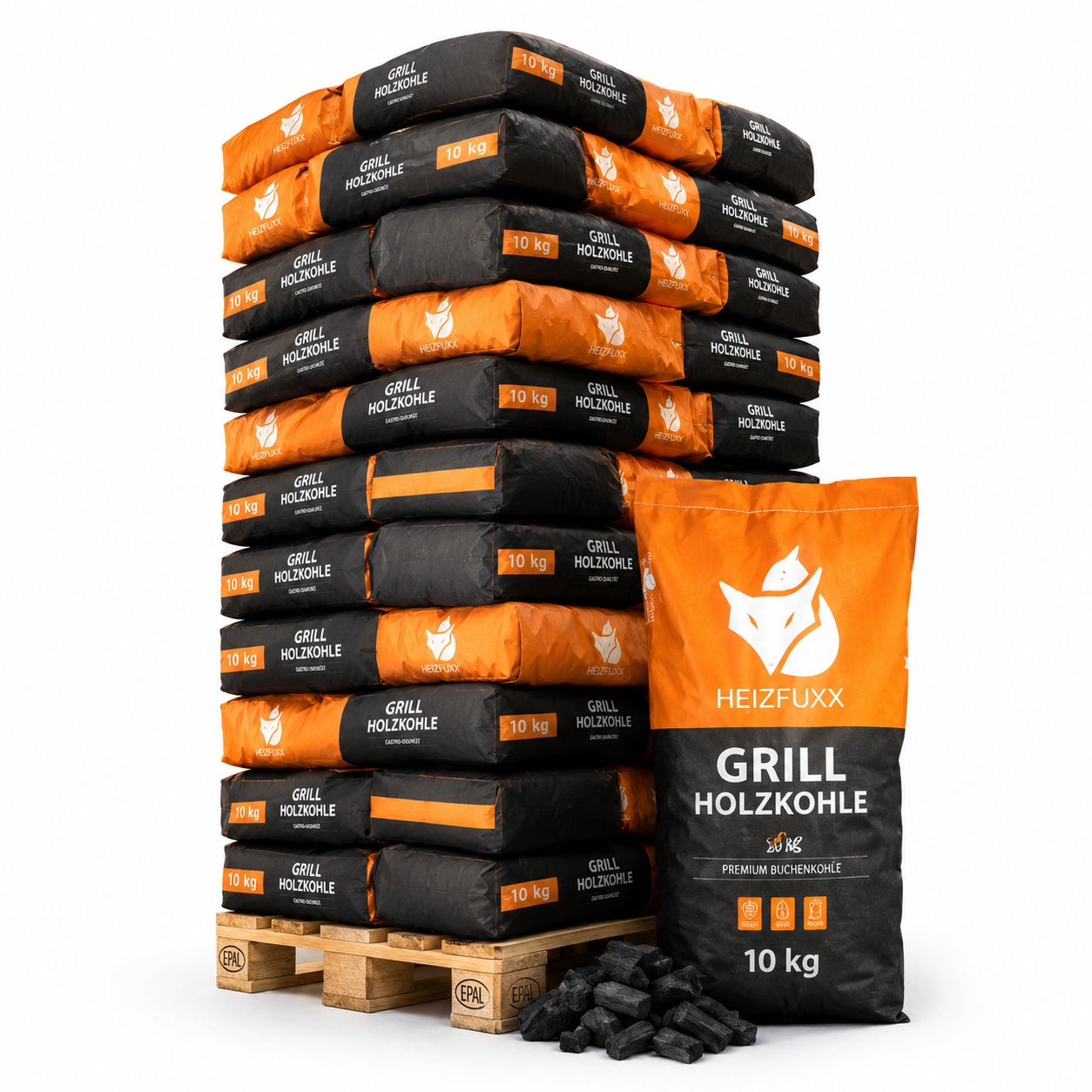 Heizfuxx Grillholzkohle in Gastro-Qualität 10kg x 36 Sack 360kg Palette