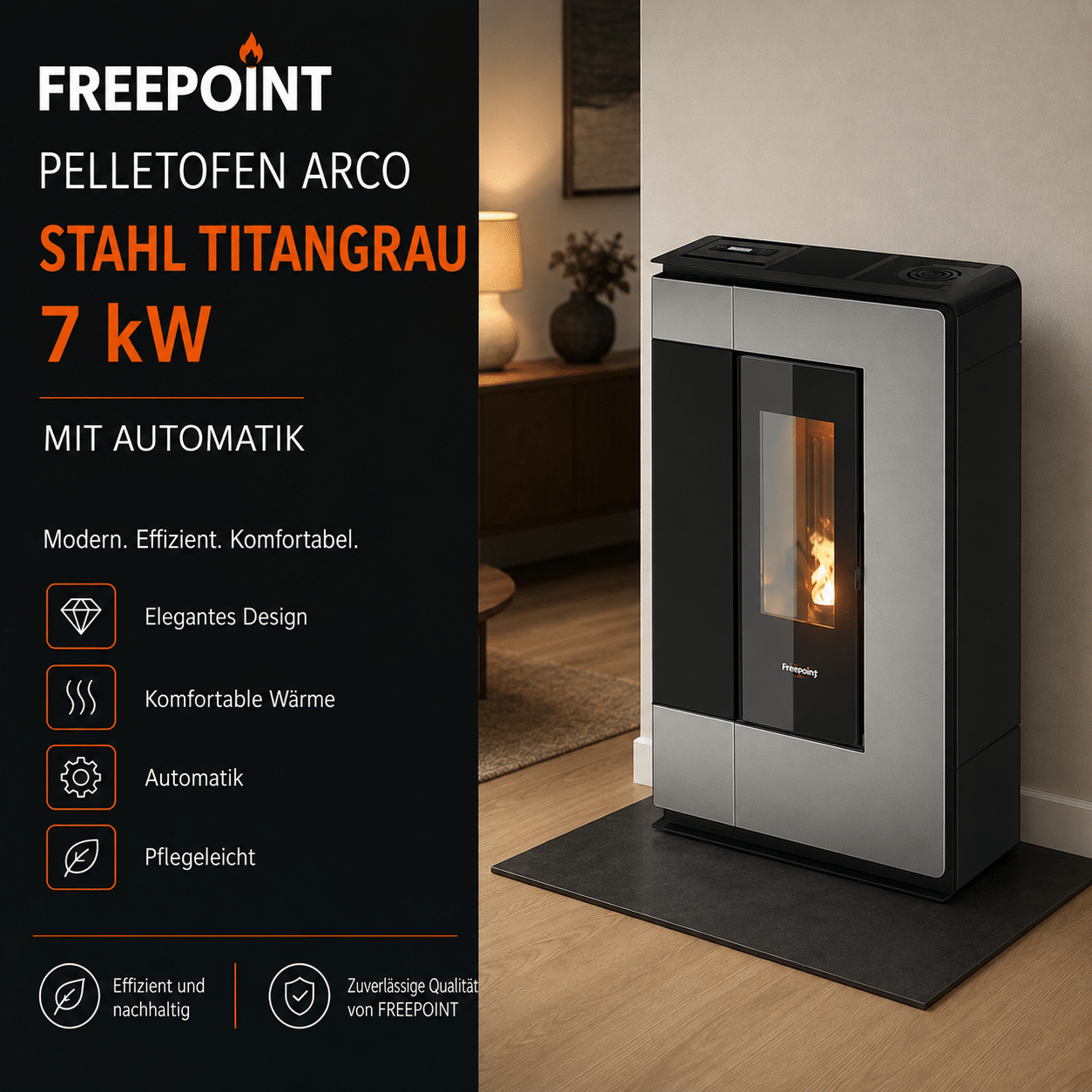Freepoint Pelletofen Arco Stahl Titangrau 7 kW mit Automatik