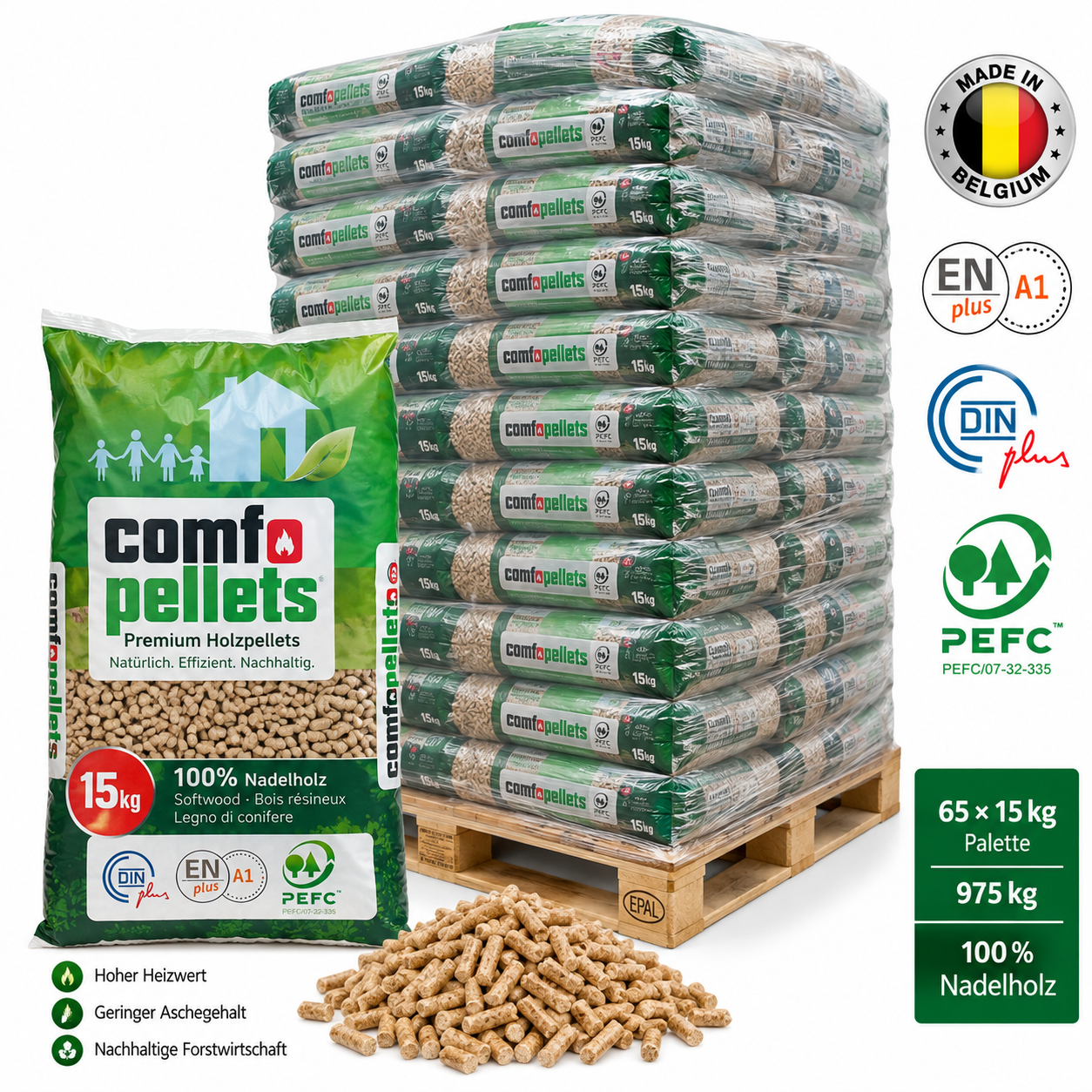 Comfo Holzpellets – 65 × 15 kg Palette (975 kg) – 100 % Nadelholz, ENplus A1 & DINplus & PEFC