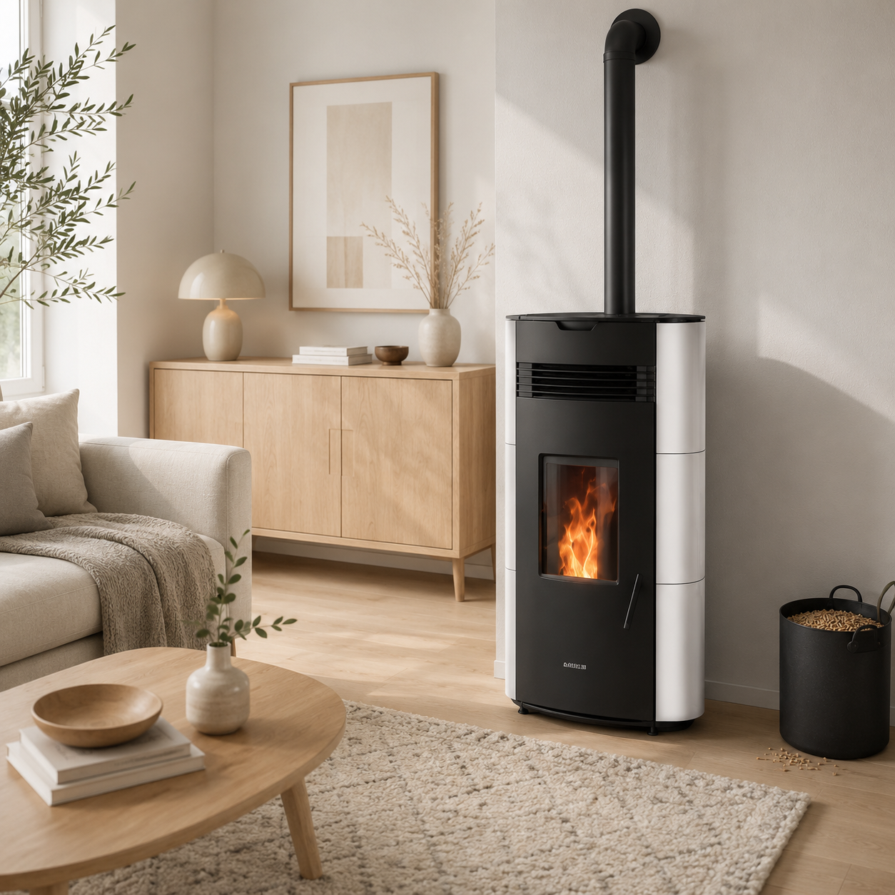 Justus Pelletofen Norta Stahl Seidenweiß 8 kW mit Automatik