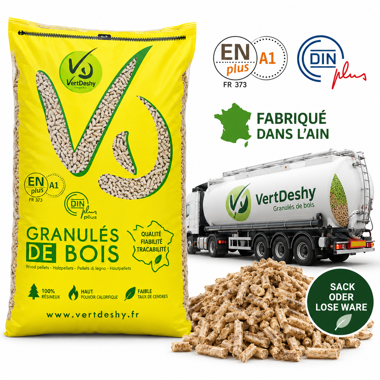 VERTDESHY Holzpellets – Sack oder lose Ware – 100 % Nadelholz, ENplus A1 & DINplus