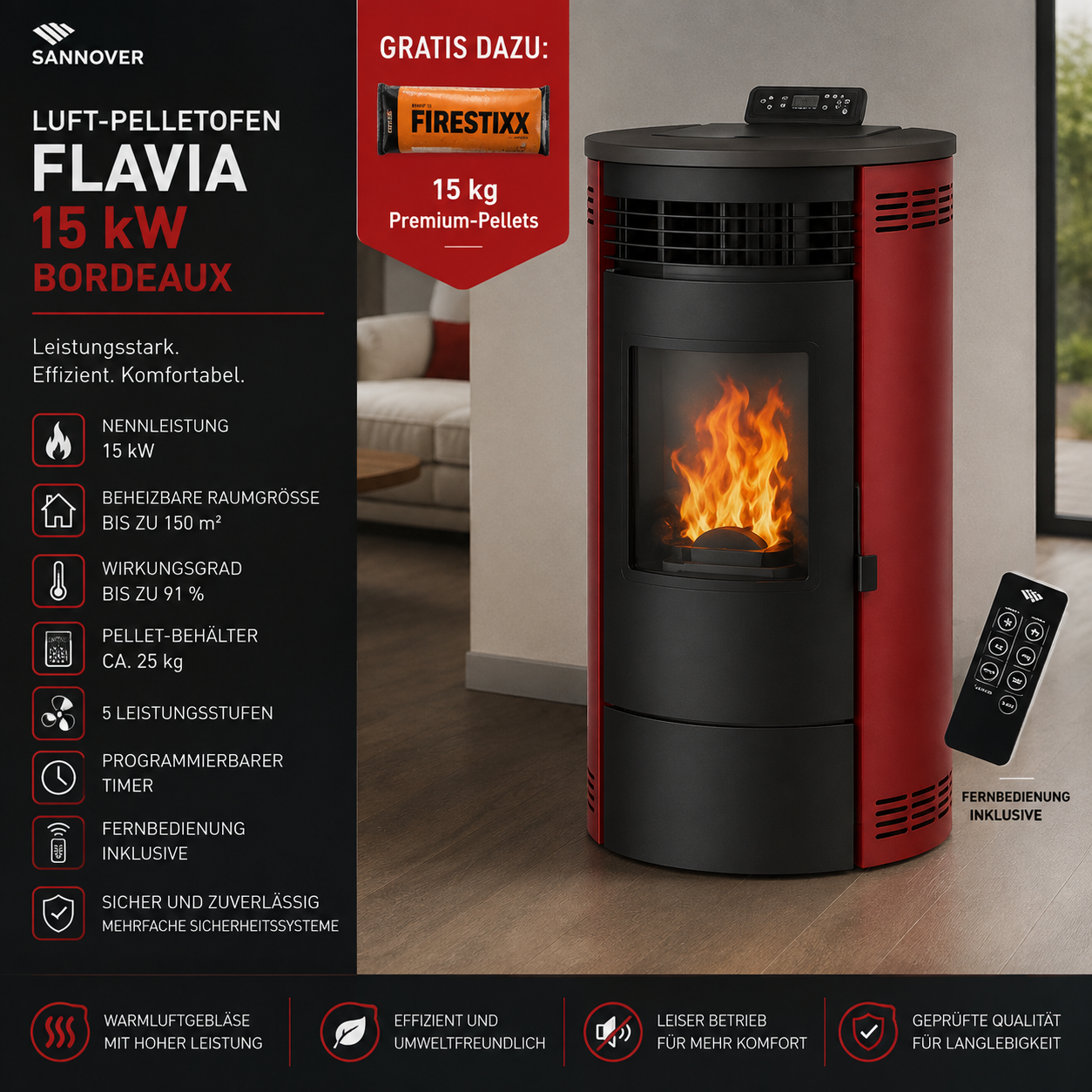 Sannover Luft-Pelletofen Flavia 15 kW Bordeaux