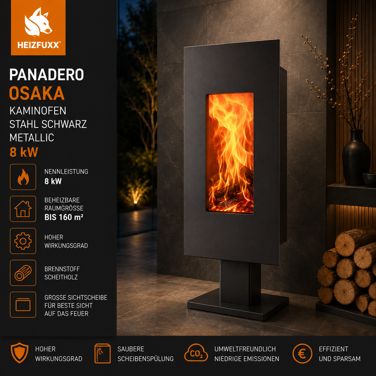 Panadero Osaka Kaminofen Stahl Schwarz Metallic 8 kW