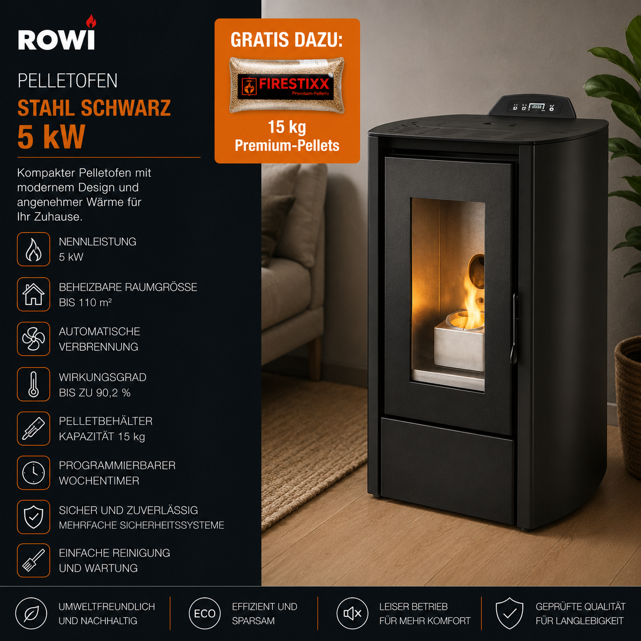 Rowi Pelletofen Stahl Schwarz 5 kW