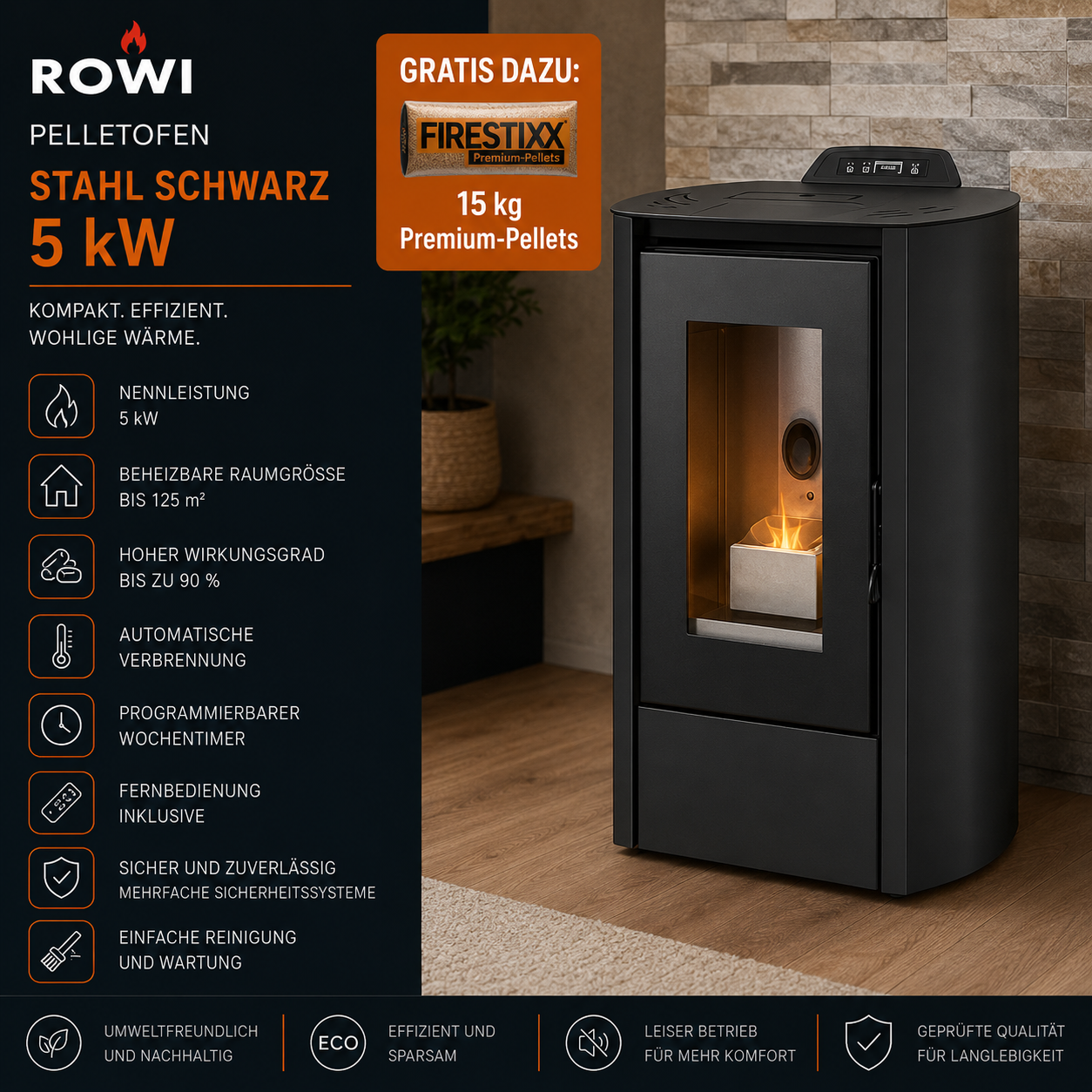 Rowi Pelletofen Stahl Schwarz 5 kW