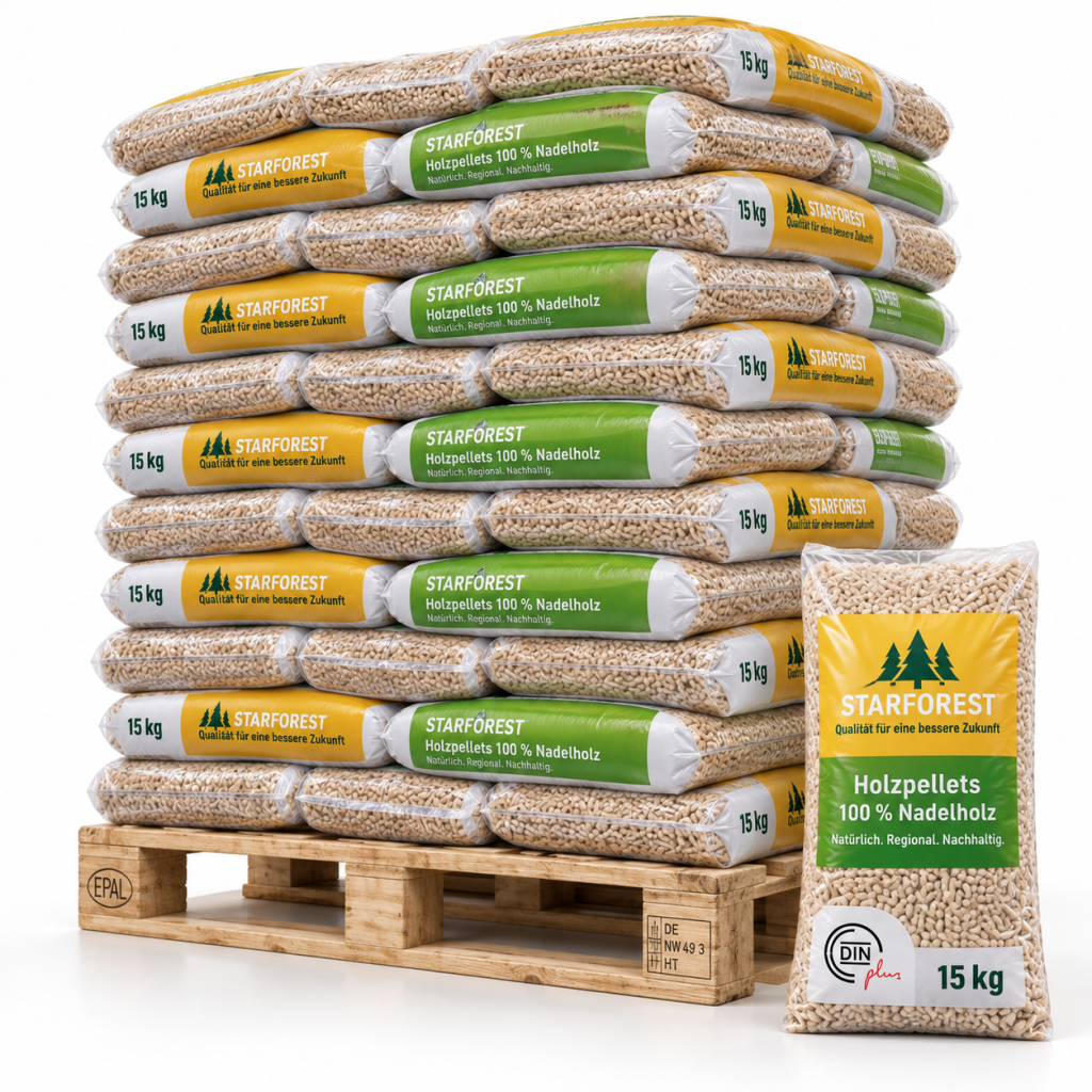 Starforest Holzpellets – 70 × 15 kg Palette (1.050 kg) – 100 % Nadelholz, DINplus