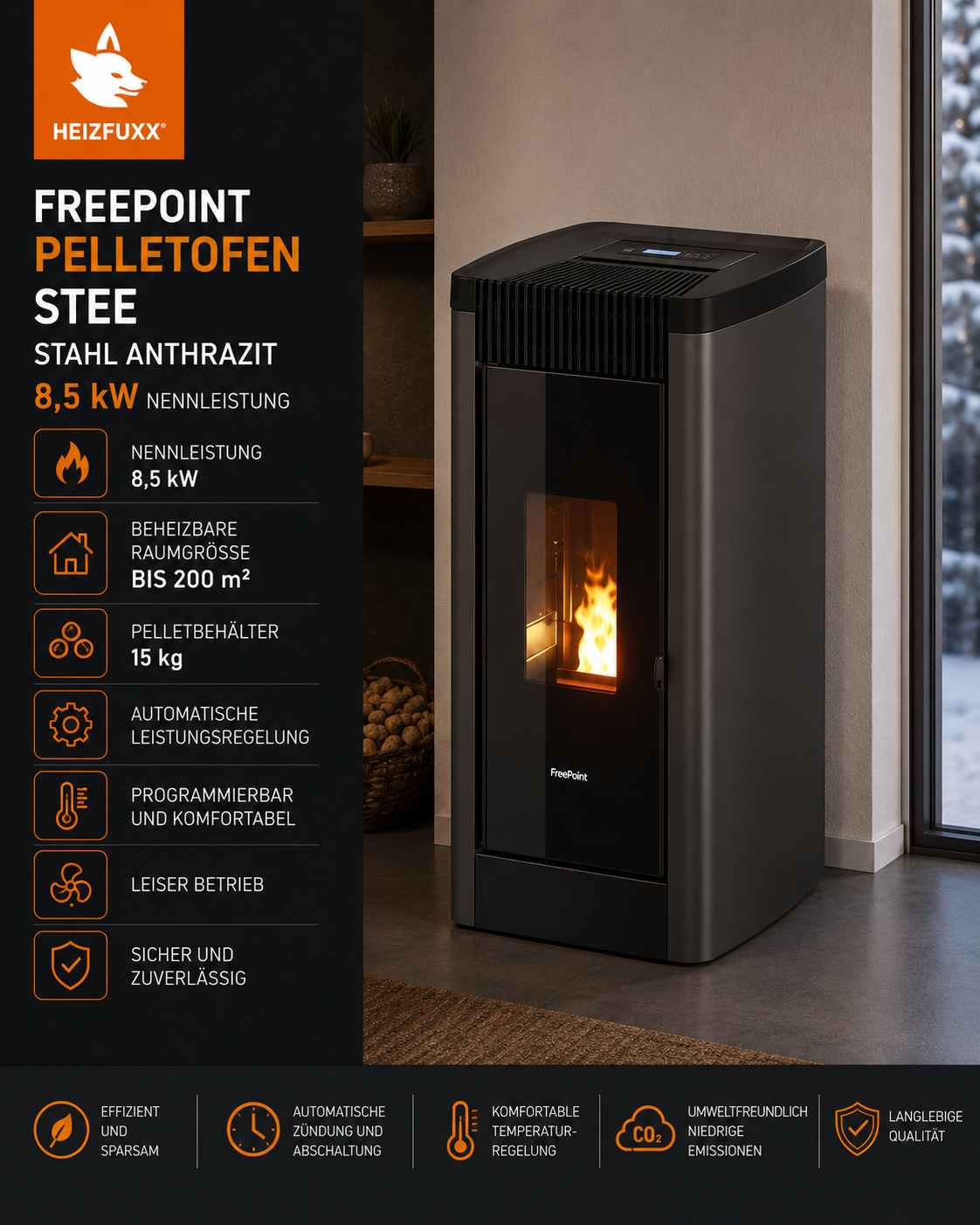 Freepoint Pelletofen STEE Stahl Anthrazit 8,5 kW